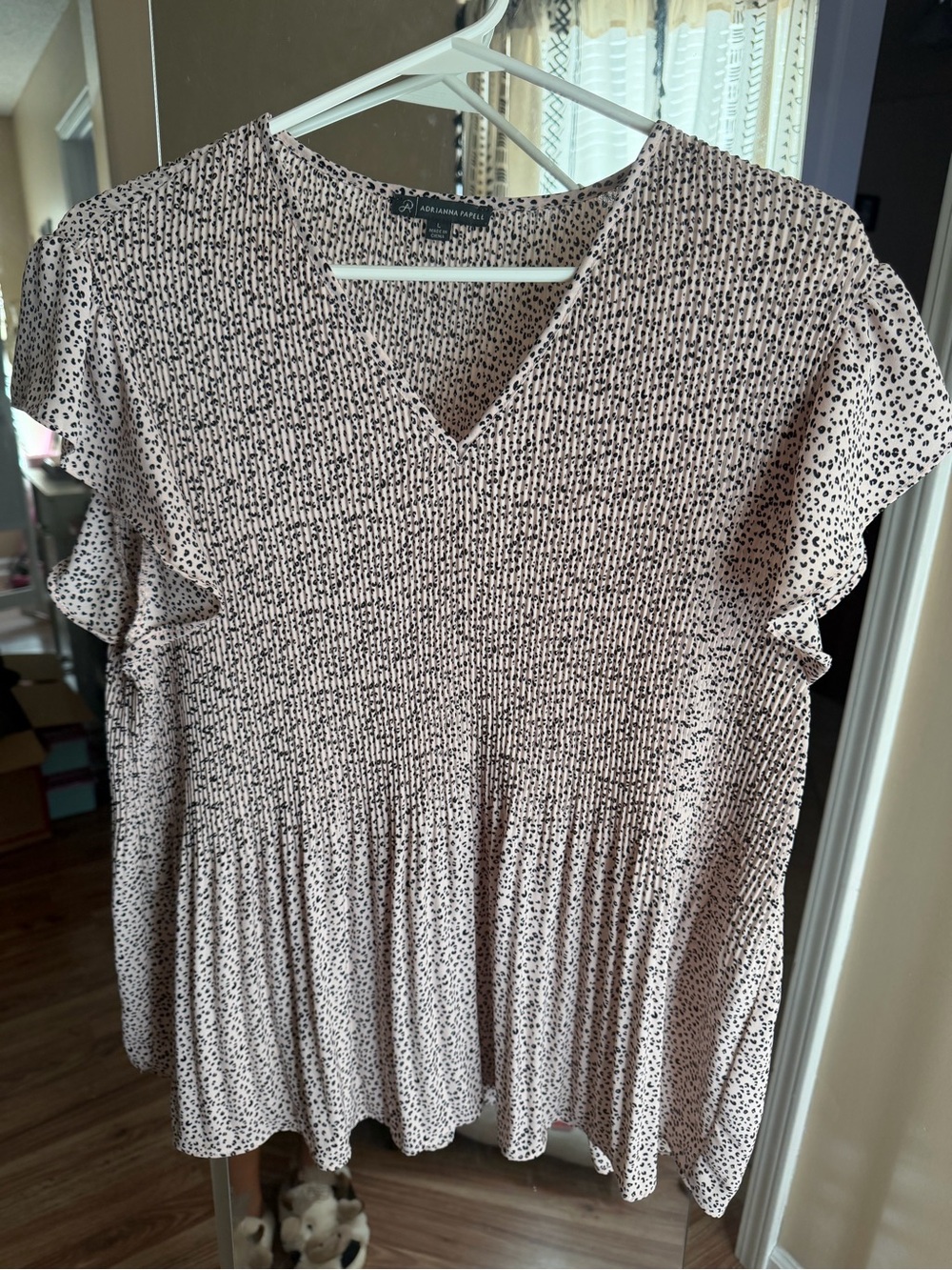 Adrienne Vittadini Blush Pink Black Dot Flutter V-Neck Blouse